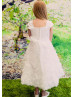 A-line Straight Neck Rosette Ankle Length Flower Girl Dress With Beaded Sash